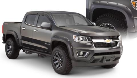 Black Pocket/Rivet Style Smooth Finish 4-Piece Fender Flare Set For 2015-2021 Chevrolet Colorado W/74 Inch Bed Bushwacker
