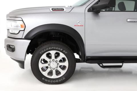 Black Extendafender Style Smooth Finish Front Fender Flares For 2019-2026 Ram 2500/3500, Includes Dually Bushwacker