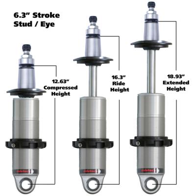 HQ Coil-Over Shock W/ 6.3 Inch Stroke And 2 Inch Stud Mount Universal 1 Rebound Adjustable Shockspring Mounts Delrin Spring Washers And Bearing Spacers 1/2 Inch And 5/8 Inch 12.6 Inch X 18.9 Inch W/ A 15.5 -16.25 Inch Ride Height Ridetech