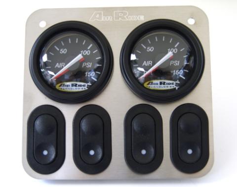 4-Way 12 Volt Analog Control Panel For Air Suspension For Use W/ Electric Valves 2 Dual Needle Black Face Gauges 2 Electric Rocker Switches And A Stainless Steel Panel Ridetech