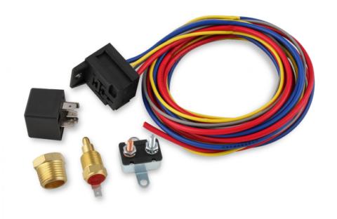 Electric Fan Harness &amp; Relay Kit with 185 Degree Temperature Switch Temperature Controlled Cooling Fan Harness &amp; Relay Kit with 185 degree temperature switch. 30 Amp Relay and Circuit Breaker Mr Gasket