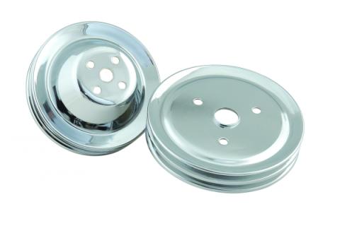 Chrome Pulley Set Two Groove Upper &amp; Lower Pulleys Fits 1955-1968 Chevrolet 265-350 Gen I Small Block with Short Water Pump Mr Gasket