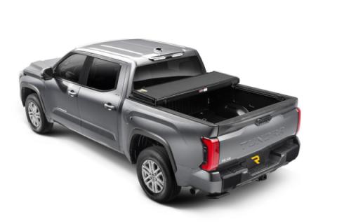 Solid Fold ALX Tonneau Cover Black Textured Paint 2014-2021 Toyota Tundra 5' 7 inch Bed with Deck Rail System without Trail Special Edition Storage Boxes Extang