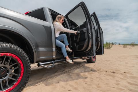 Nerf Step Bar Wheel-to-Wheel with Bed Access (3 Steps per Side) 3 Inch Main Tube Diameter 2015-2025 Ford F-150 6 Foot 7 Inch Bed SuperCrew Textured Black NFab