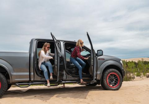 Nerf Step Bar Wheel-to-Wheel with Bed Access (3 Steps per Side) 3 Inch Main Tube Diameter 2015-2025 Ford F-150 6 Foot 7 Inch Bed SuperCrew Textured Black NFab